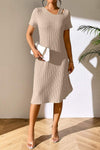 Ribbed Asymmetrical Neck Short Sleeve Dress Sand Casual Dresses - Tophatter Daily Deals