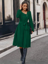 Buttoned Tie Front Long Sleeve Asymmetrical Neck Dress Green Casual Dresses - Tophatter Daily Deals