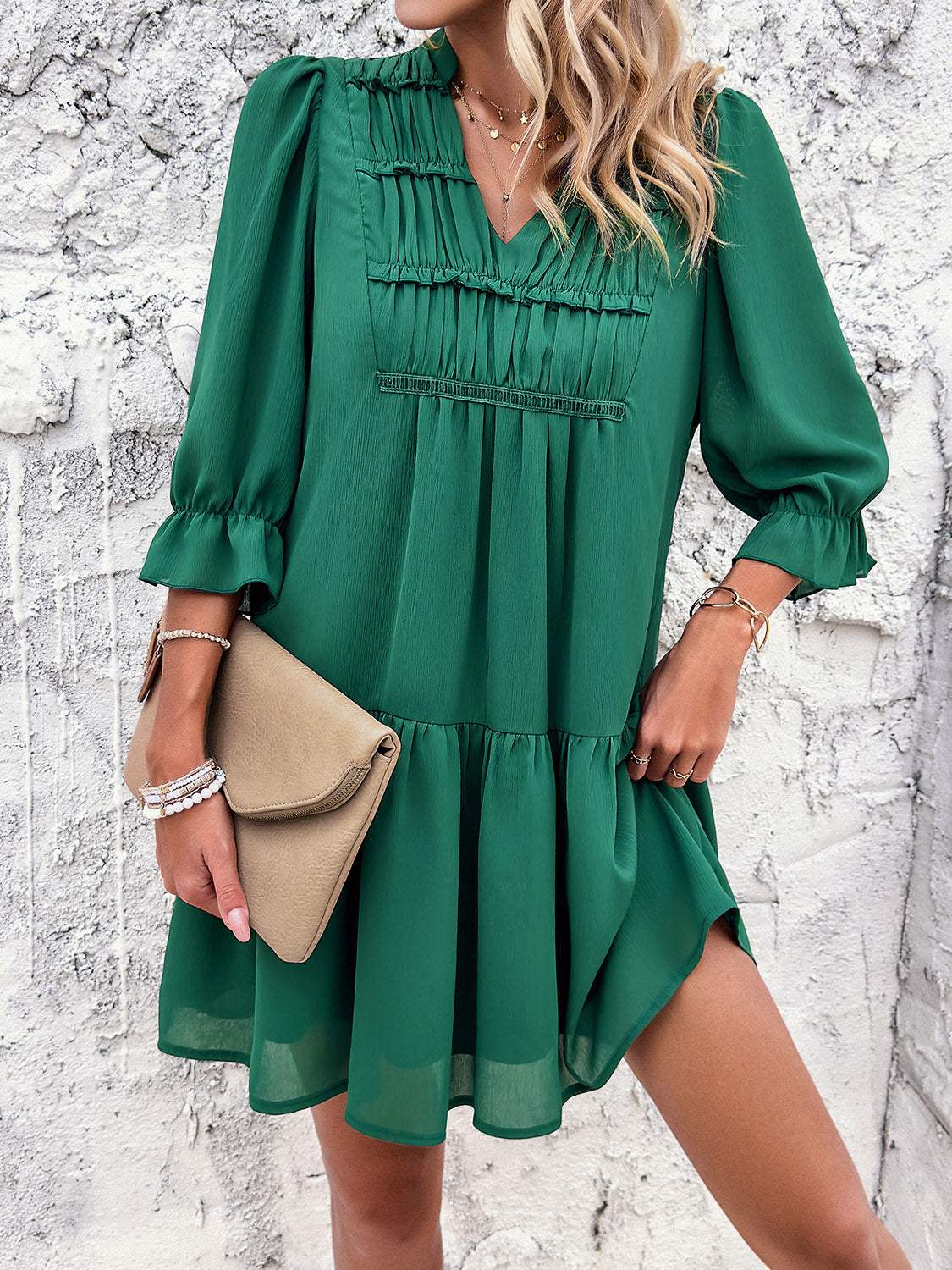 Ruched Notched Flounce Sleeve Dress Casual Dresses - Tophatter Daily Deals