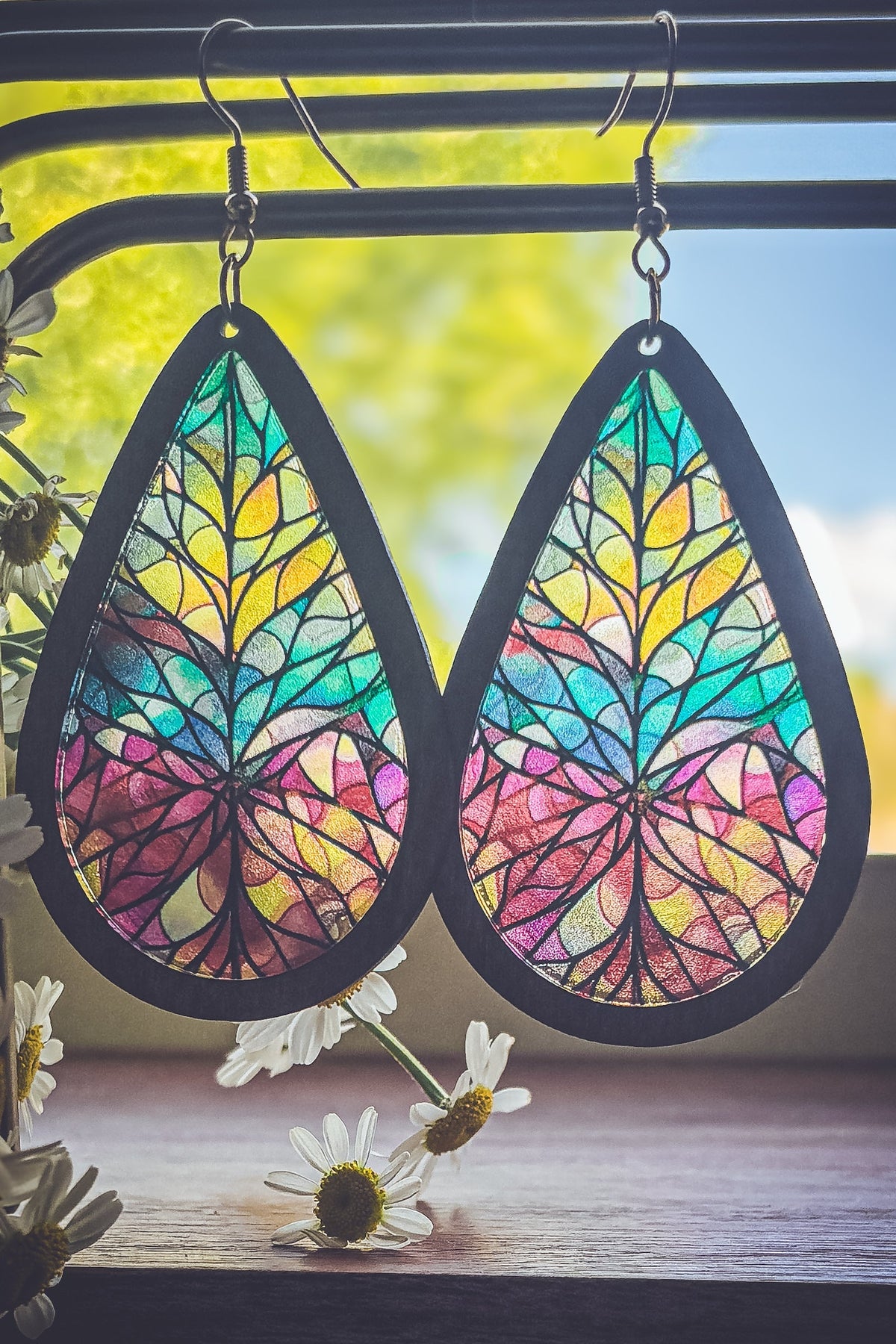 Beautiful Wood and Stained Glass Effect Earrings Earrings - Tophatter Daily Deals