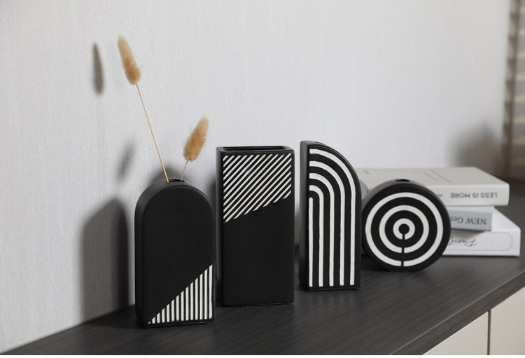 Black And White Striped Ceramic Dried Flower Vase Decorative Art Ornaments 0 - Tophatter Daily Deals