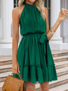 Ruched Grecian Neck Tie Waist Mini Dress Green Casual Dresses - Tophatter Daily Deals