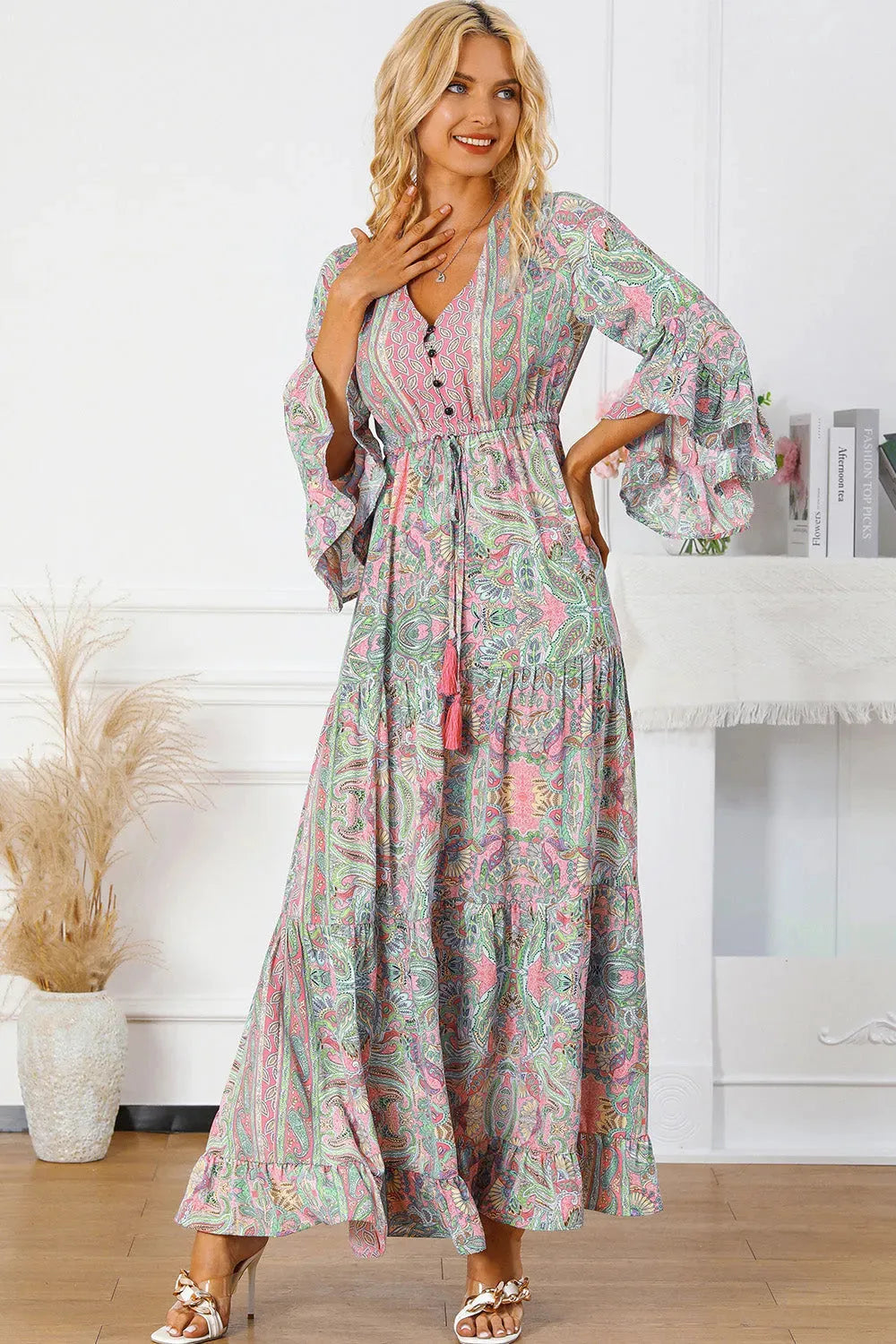 Printed Tassel Tie V-Neck Tiered Dress Casual Dresses - Tophatter Daily Deals