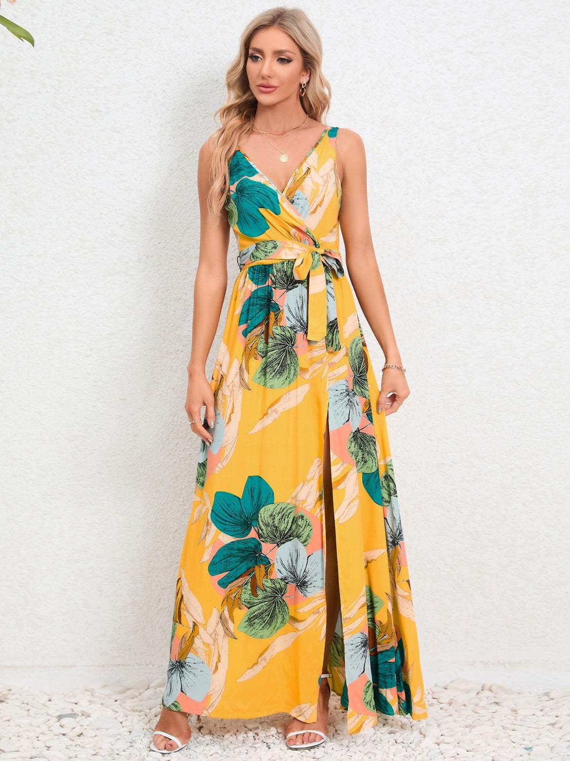 Slit Tied Printed Surplice Dress Mustard Casual Dresses - Tophatter Daily Deals