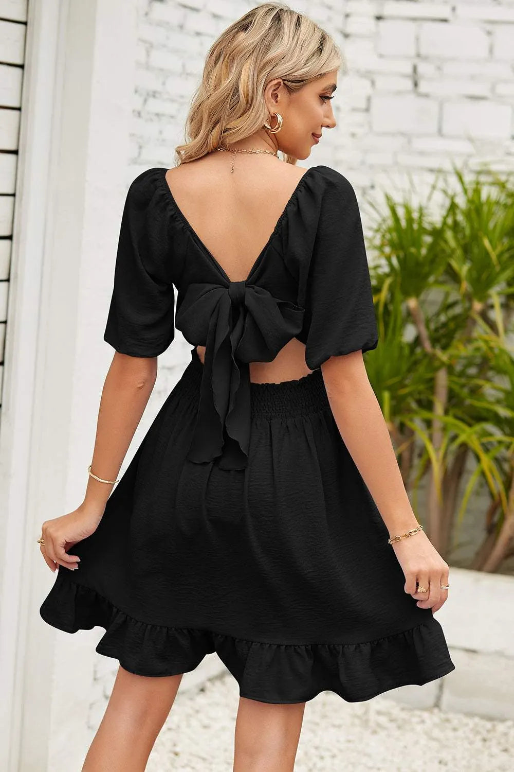 Ruched Ruffle Hem Short Sleeve Dress Black Casual Dresses - Tophatter Daily Deals