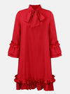 Frill Tie Neck Three-Quarter Sleeve Dress Red Casual Dresses - Tophatter Daily Deals