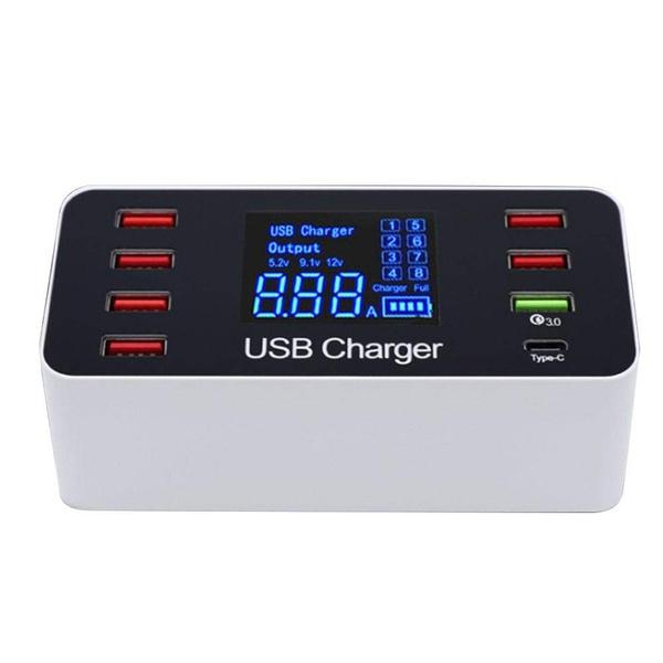 8A40W Charger Adapter Type C Hubs Quick Charge 3.0 USB Multi Port USB Charger Dock Station LCD Display with Smart Identification