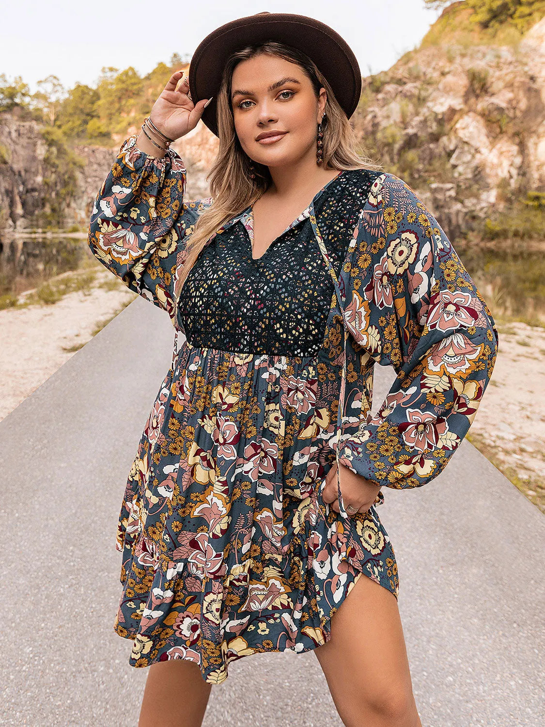 Plus Size Floral Tie Neck Balloon Sleeve Mini Dress Casual Dresses - Tophatter Daily Deals