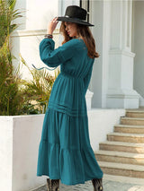 Tie Neck Long Sleeve Midi Tiered Dress Casual Dresses - Tophatter Daily Deals