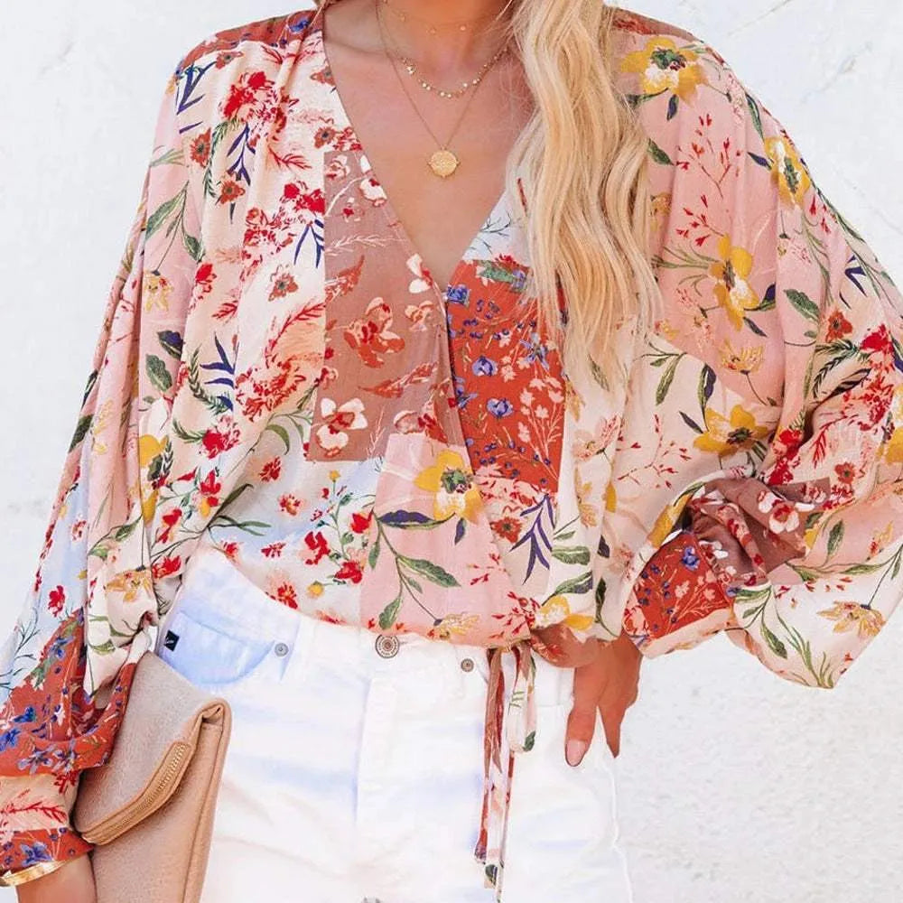 Spring And Summer Floral V-neck Long Sleeve Loose Casual Shirt Humidifier - Tophatter Daily Deals