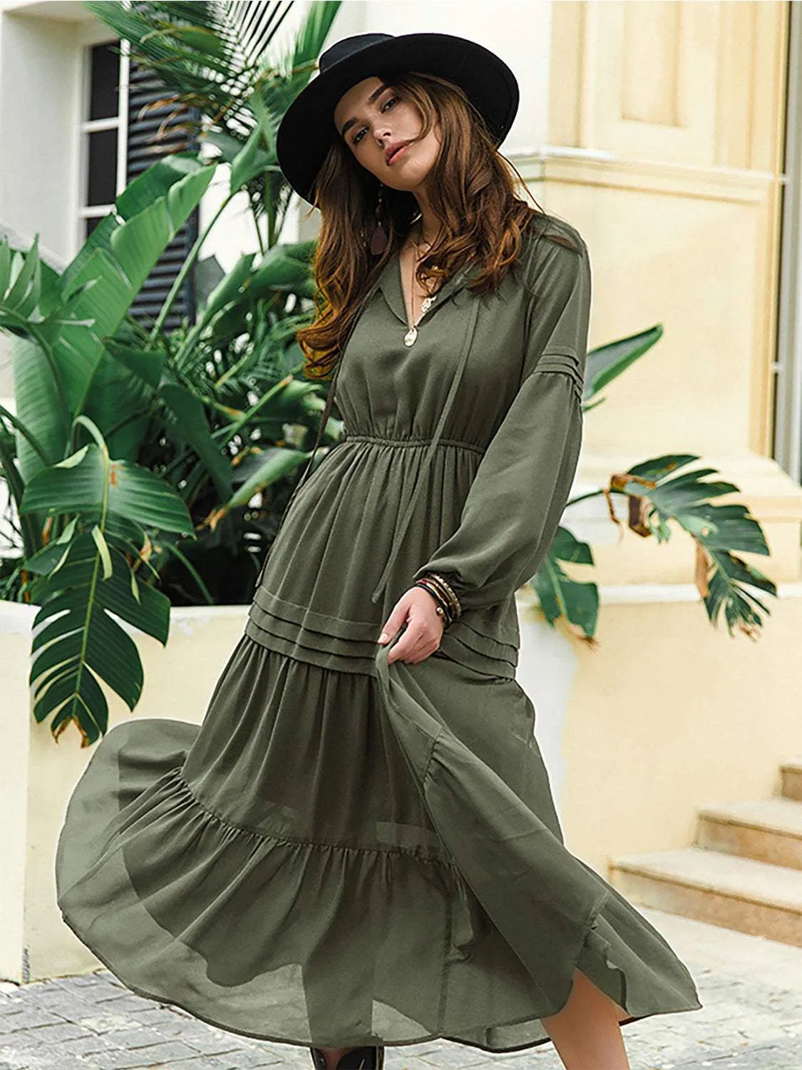 Tie Neck Long Sleeve Midi Tiered Dress Casual Dresses - Tophatter Daily Deals