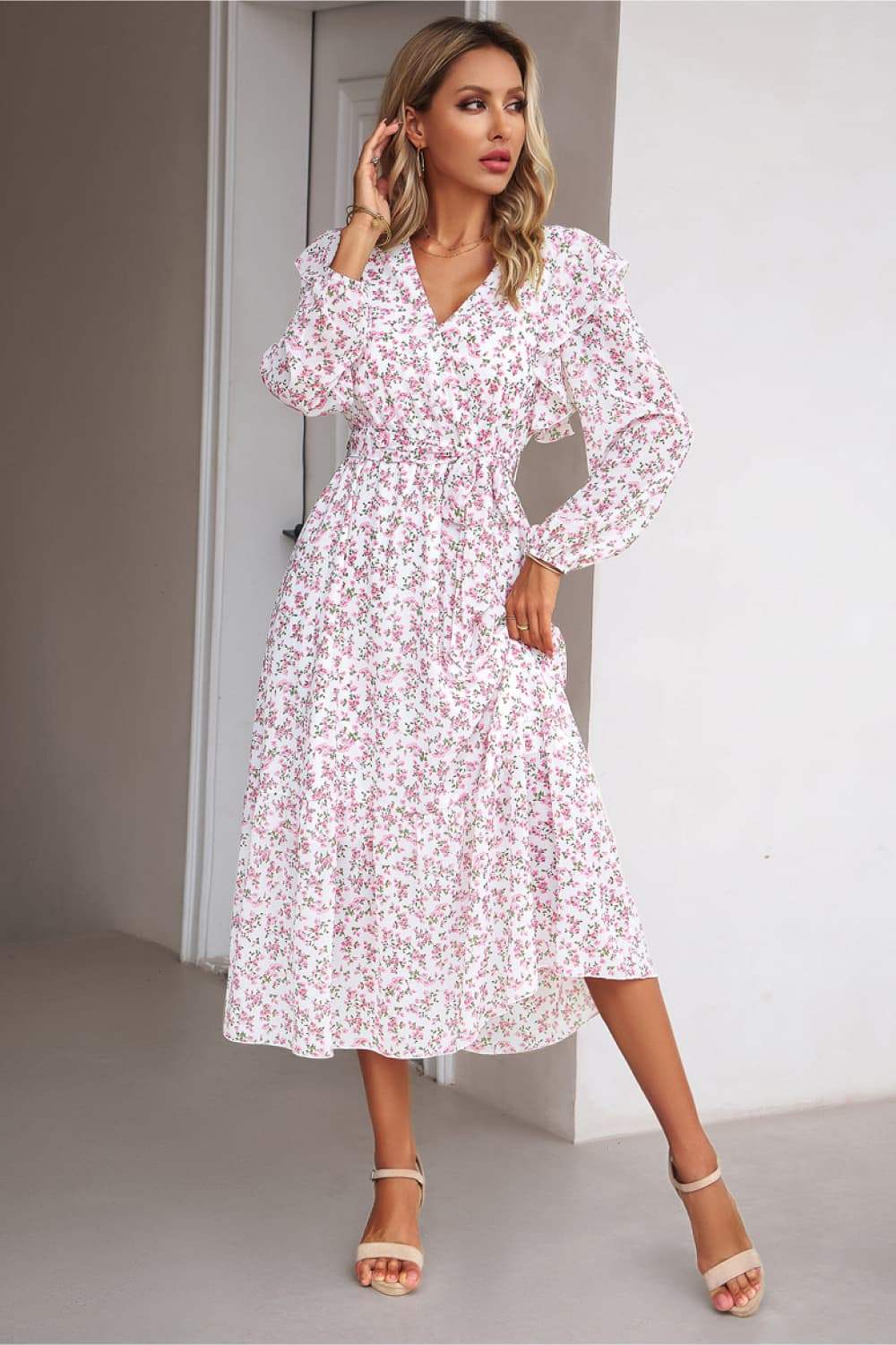 Surplice Neck Balloon Sleeve Midi Dress White Casual Dresses - Tophatter Daily Deals