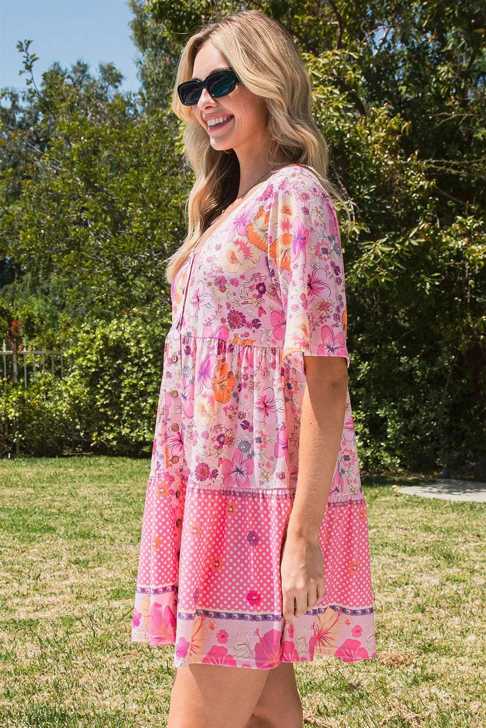 Floral Polka Dot Buttoned Mini Dress Casual Dresses - Tophatter Daily Deals