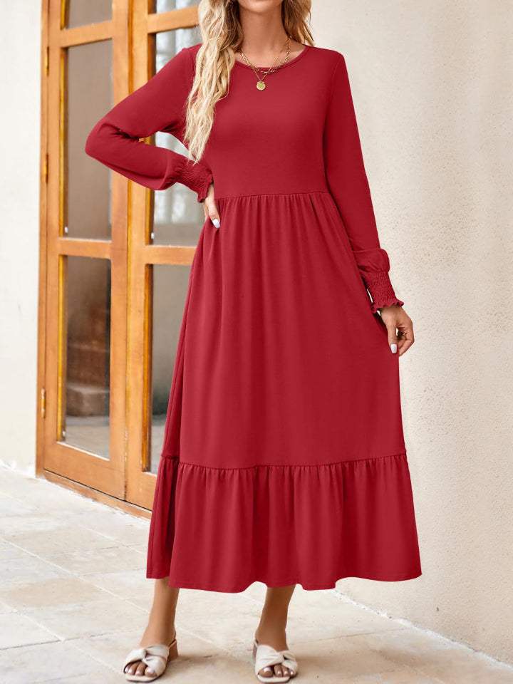 Round Neck Lantern Sleeve Ruffle Hem Dress Deep Red Casual Dresses - Tophatter Daily Deals