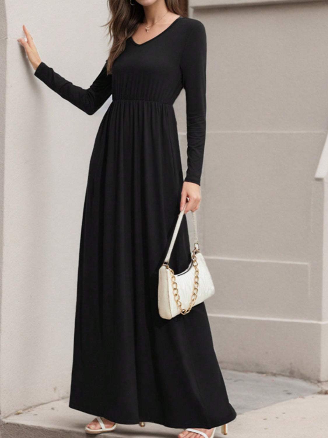 Pocketed V-Neck Long Sleeve Maxi Dress Casual Dresses - Tophatter Daily Deals