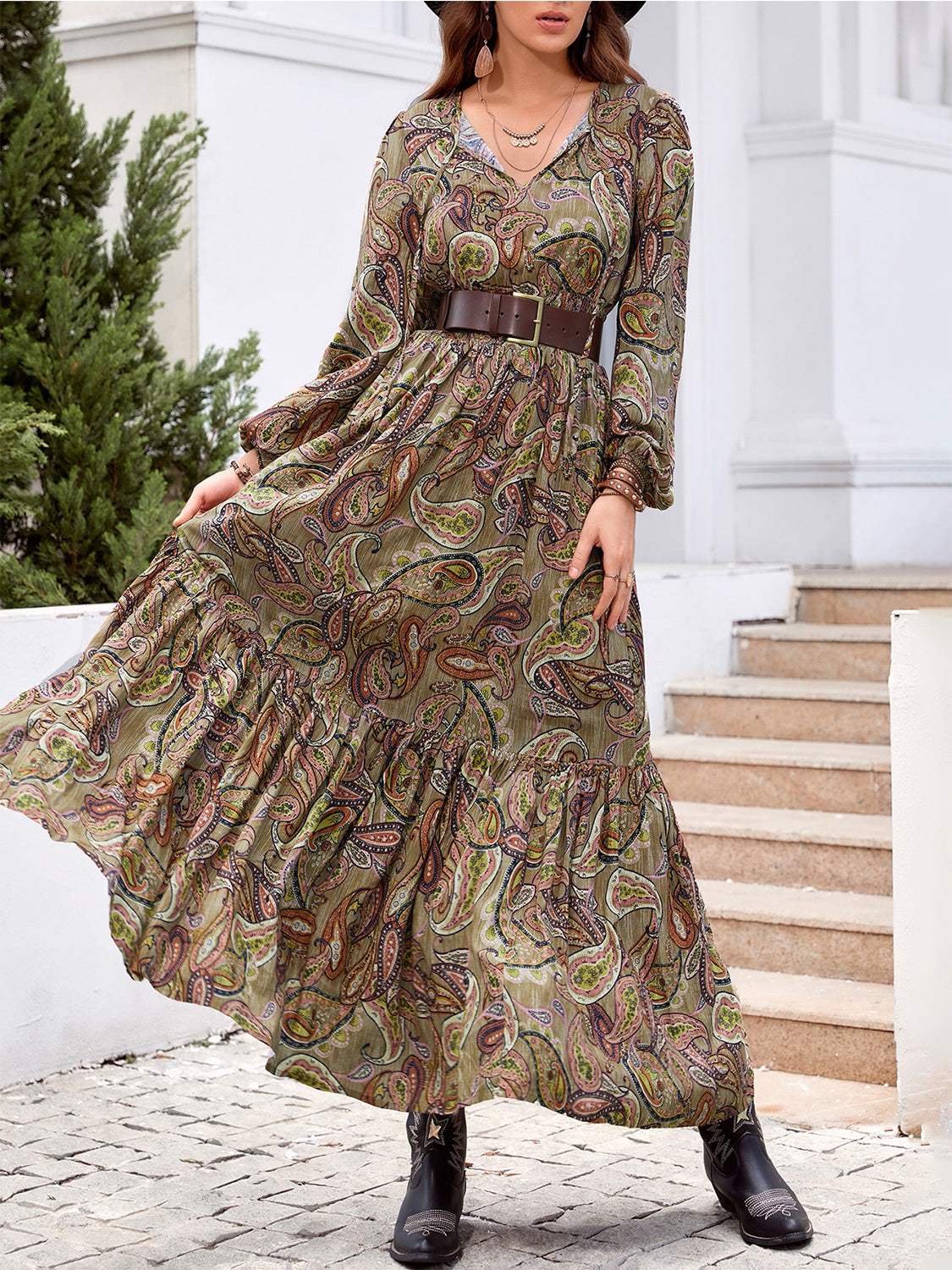 Printed Tie Neck Ruffle Hem Long Sleeve Dress Multicolor Casual Dresses - Tophatter Daily Deals