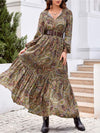 Printed Tie Neck Ruffle Hem Long Sleeve Dress Multicolor Casual Dresses - Tophatter Daily Deals