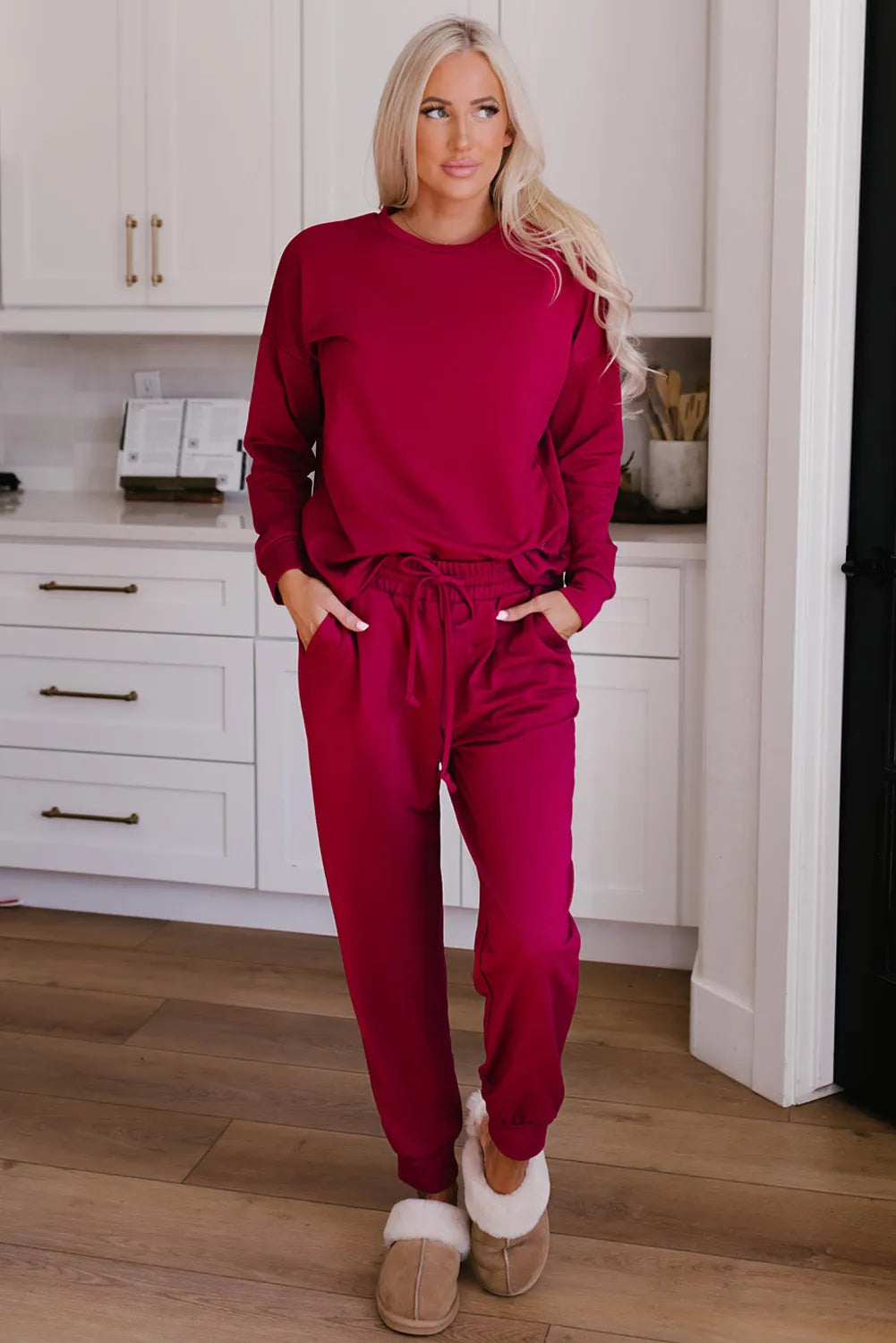 Round Neck Top and Drawstring Pants Lounge Set Deep Rose Loungewear Sets - Tophatter Daily Deals