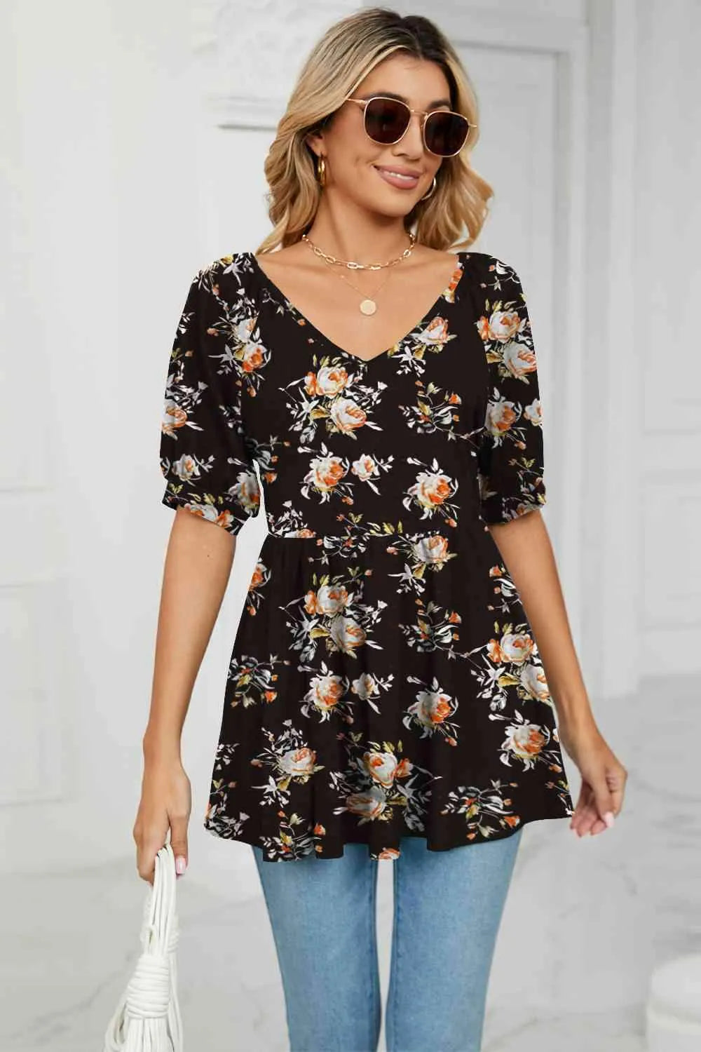 V-Neck Babydoll Blouse Black Blouses - Tophatter Daily Deals