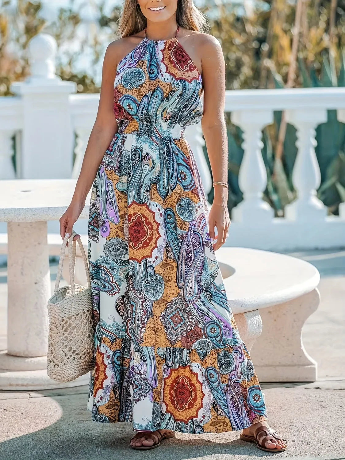 Printed Halter Neck Maxi Dress Pastel Blue Casual Dresses - Tophatter Daily Deals