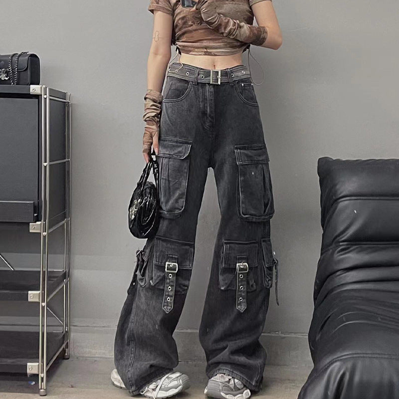 Autumn American Vintage Street Trendy Multi-pocket Workwear Jeans Black 0 - Tophatter Daily Deals
