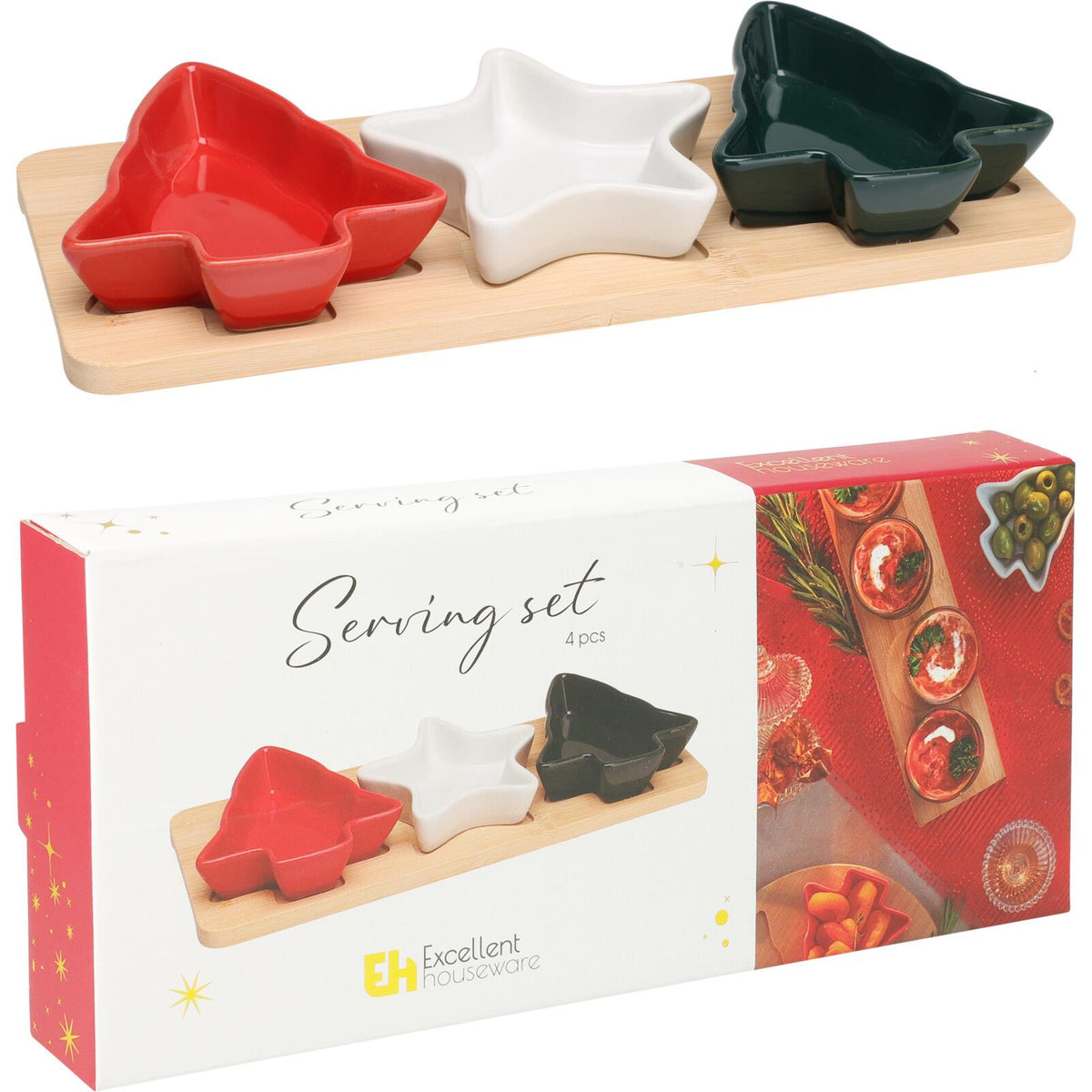 Christmas Serving Set | 3 Ceramic Snack Bowls with Bamboo Paddle Tray Serving Board - Tophatter Daily Deals