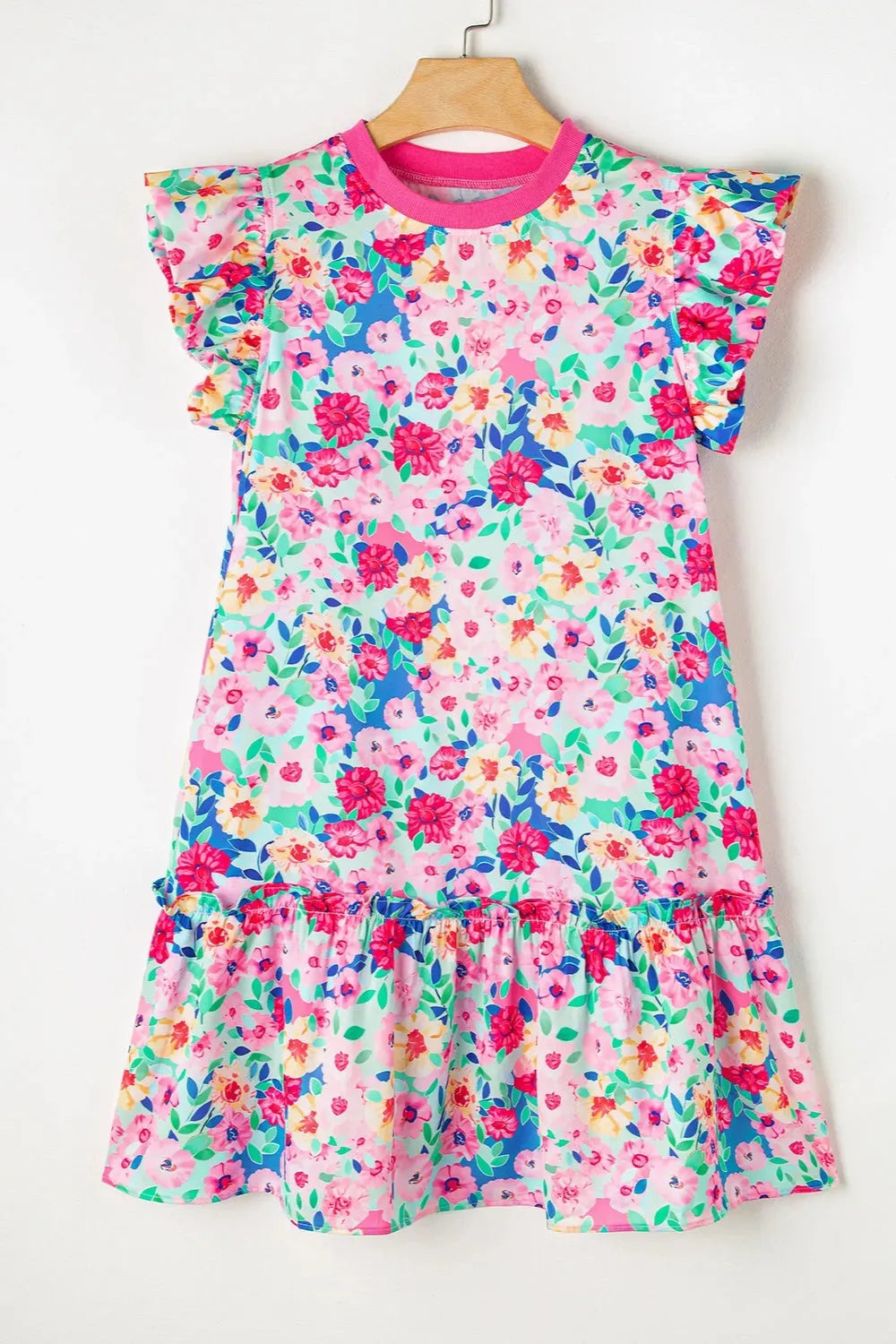 Ruffled Printed Round Neck Cap Sleeve Mini Dress Casual Dresses - Tophatter Daily Deals