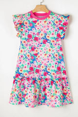Ruffled Printed Round Neck Cap Sleeve Mini Dress Casual Dresses - Tophatter Daily Deals