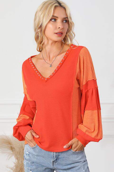 Color Block V-Neck Top Orange Blouses - Tophatter Daily Deals