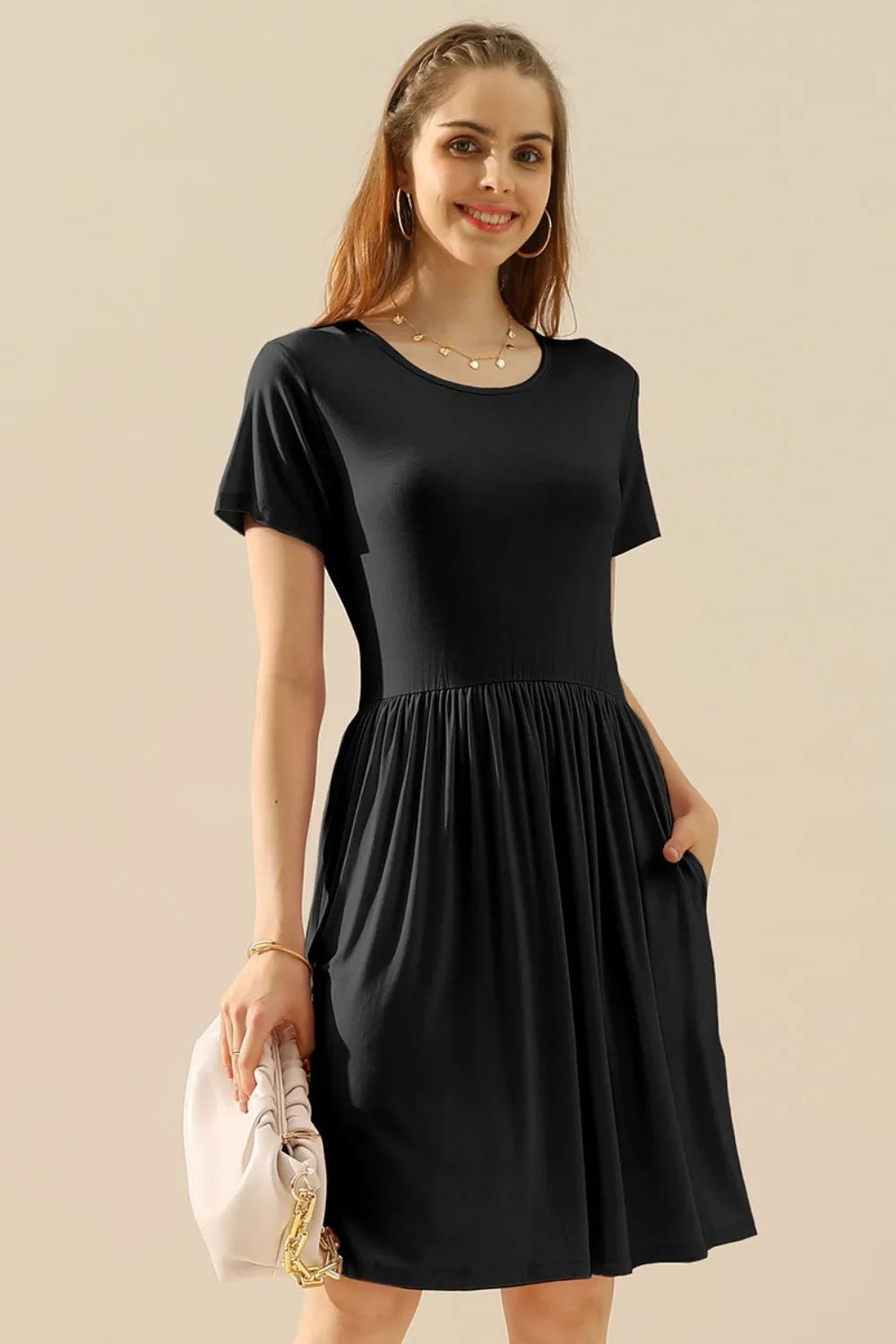 Ninexis Full Size Round Neck Ruched Dress with Pockets BLACK Cocktail Dresses - Tophatter Daily Deals