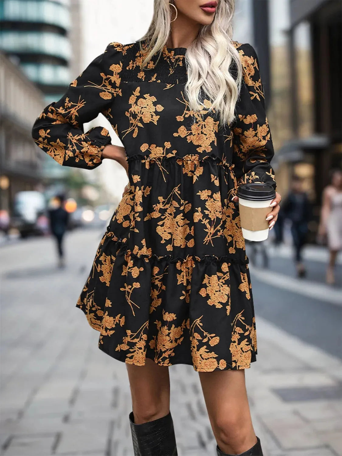 Frill Printed Long Sleeve Mini Dress Casual Dresses - Tophatter Daily Deals