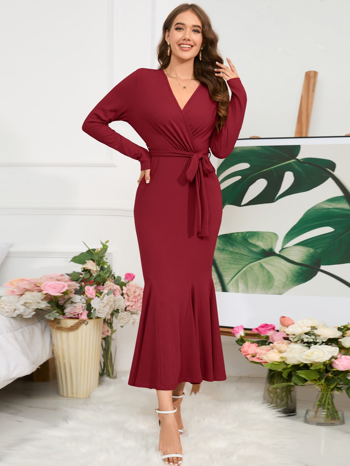 Surplice Neck Tie Waist Dress - Tophatter Deals and Online Shopping - Electronics, Jewelry, Beauty, Health, Gadgets, Fashion - Tophatter's Discounts & Offers - tophatters - tophatters.co