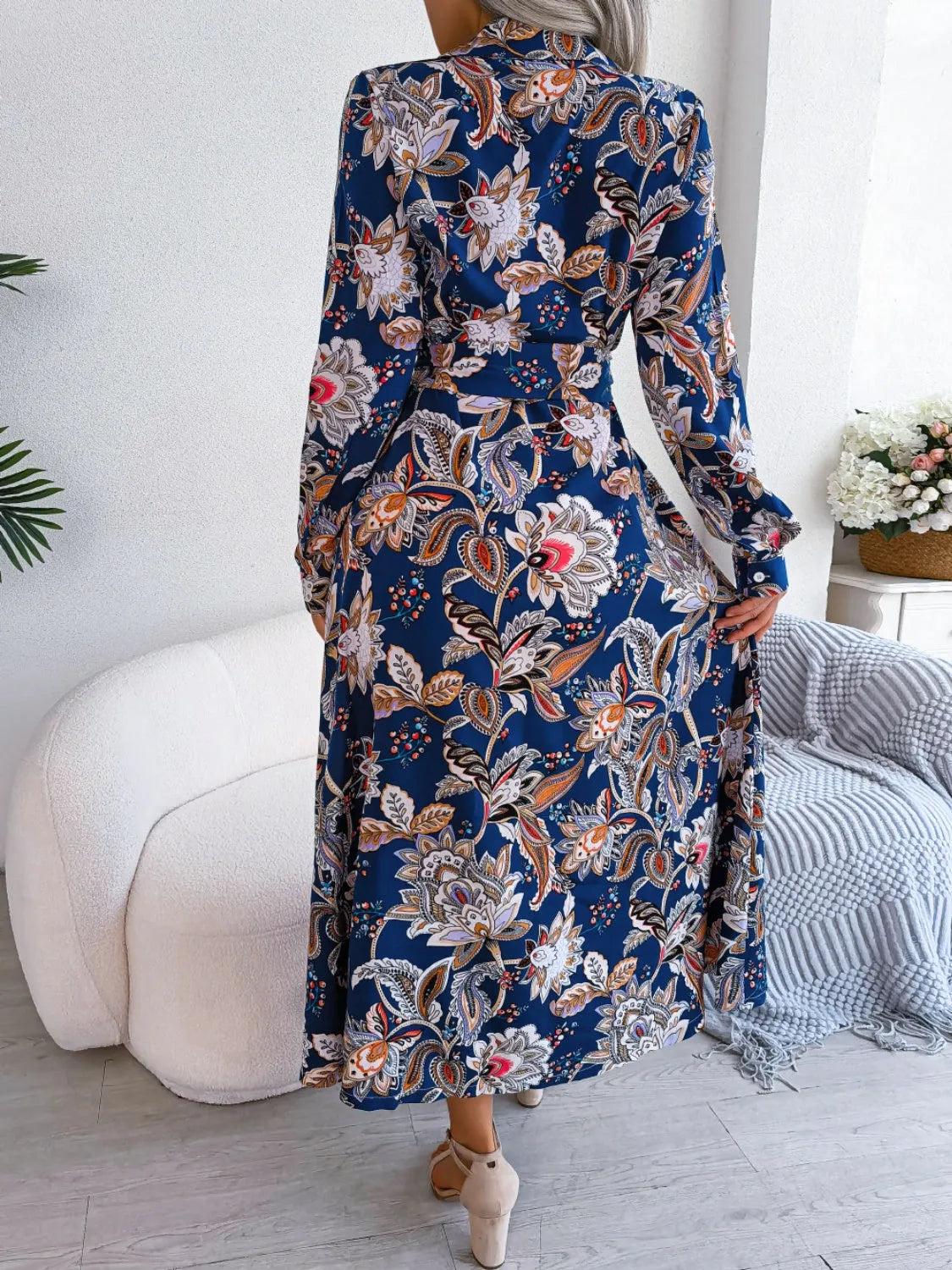 Tied Printed Long Sleeve Midi Dress Casual Dresses - Tophatter Daily Deals