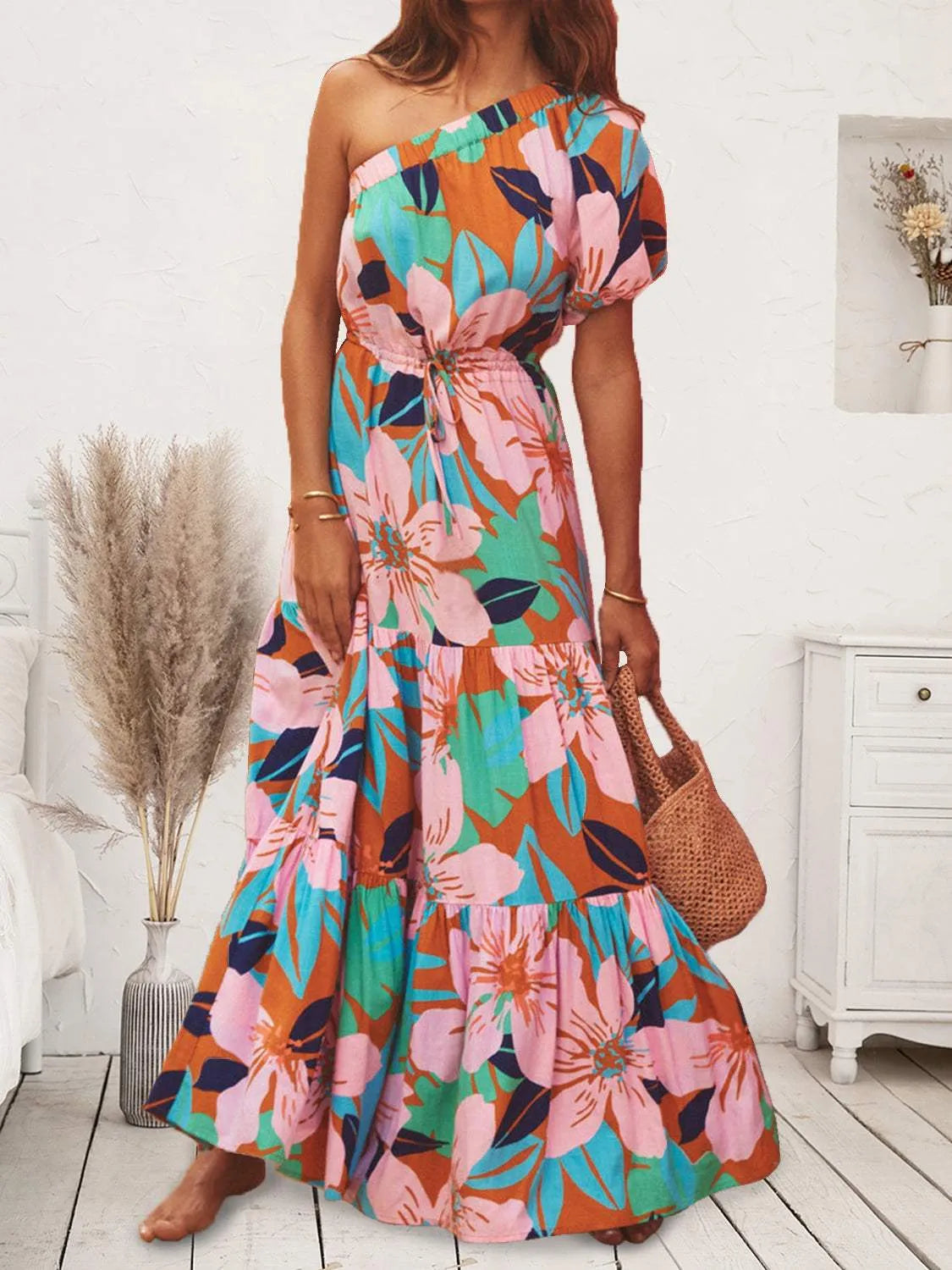 Printed One Shoulder Puff Sleeve Dress Dusty Pink Casual Dresses - Tophatter Daily Deals