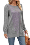 Ribbed Round Neck Long Sleeve T-Shirt Heather Gray Women's T-Shirts - Tophatter Daily Deals