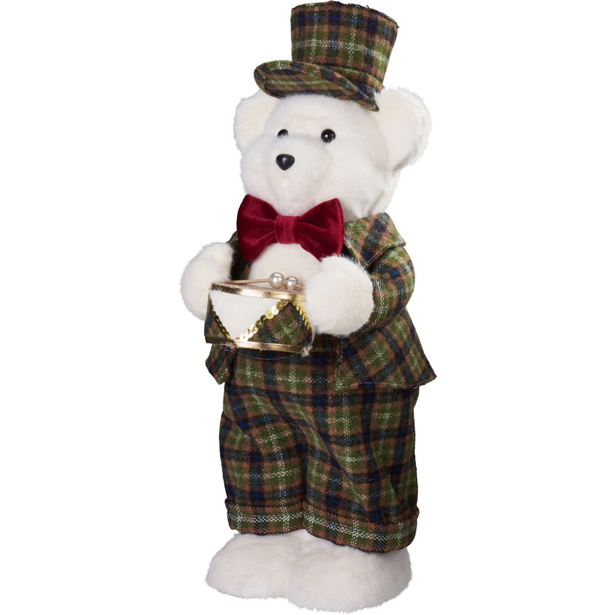 Drumming Christmas Bear Decoration | White Bear in Tartan Uniform with Drum 42cm Ornament - Tophatter Daily Deals