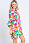 GeeGee Full Size Floral Round Neck Lantern Sleeve Mini Dress Casual Dresses - Tophatter Daily Deals