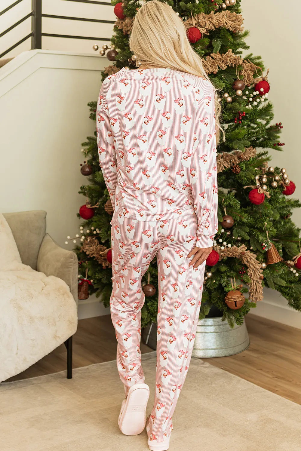 Pink Santa Claus Striped Print Loose Fit Two Piece Lounge Set Loungewear & Sleepwear/Loungewear - Tophatter Daily Deals