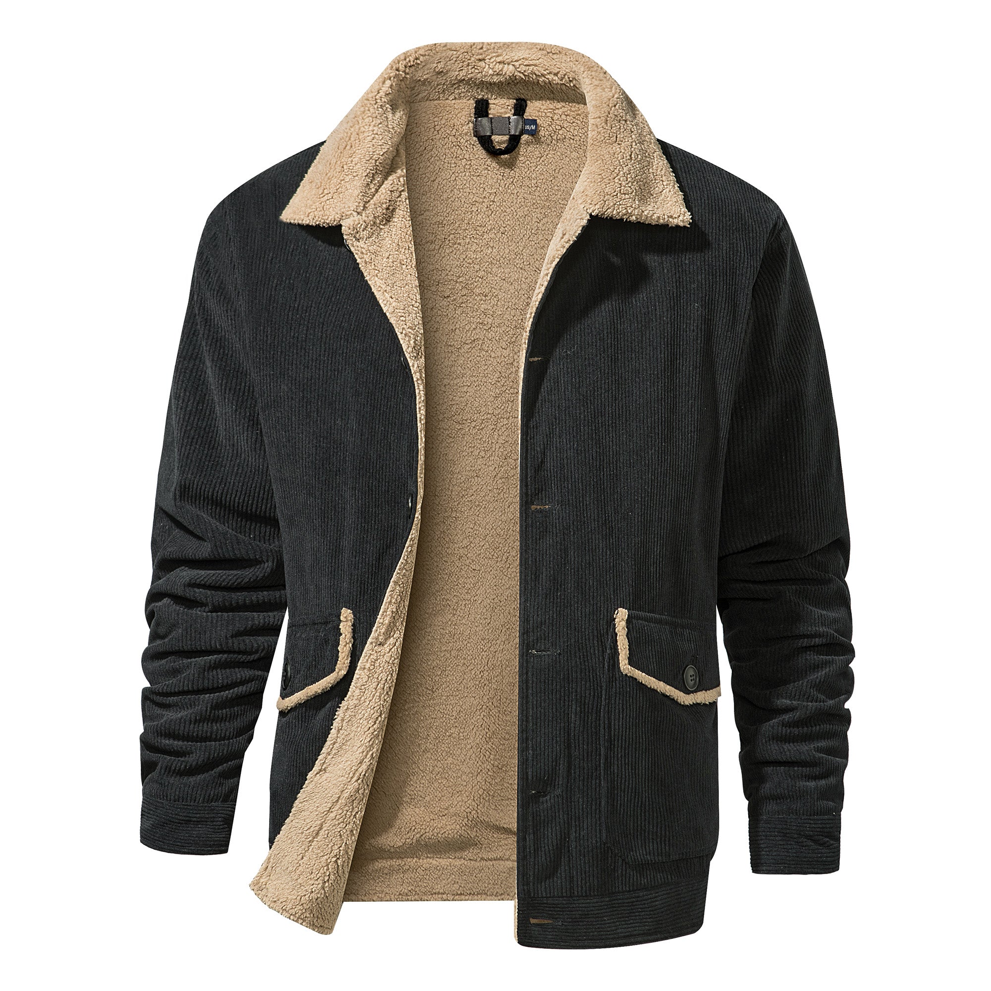 Warm Cozy Men's Jacket - Mid Length Corduroy Sherpa Black - Tophatter Daily Deals