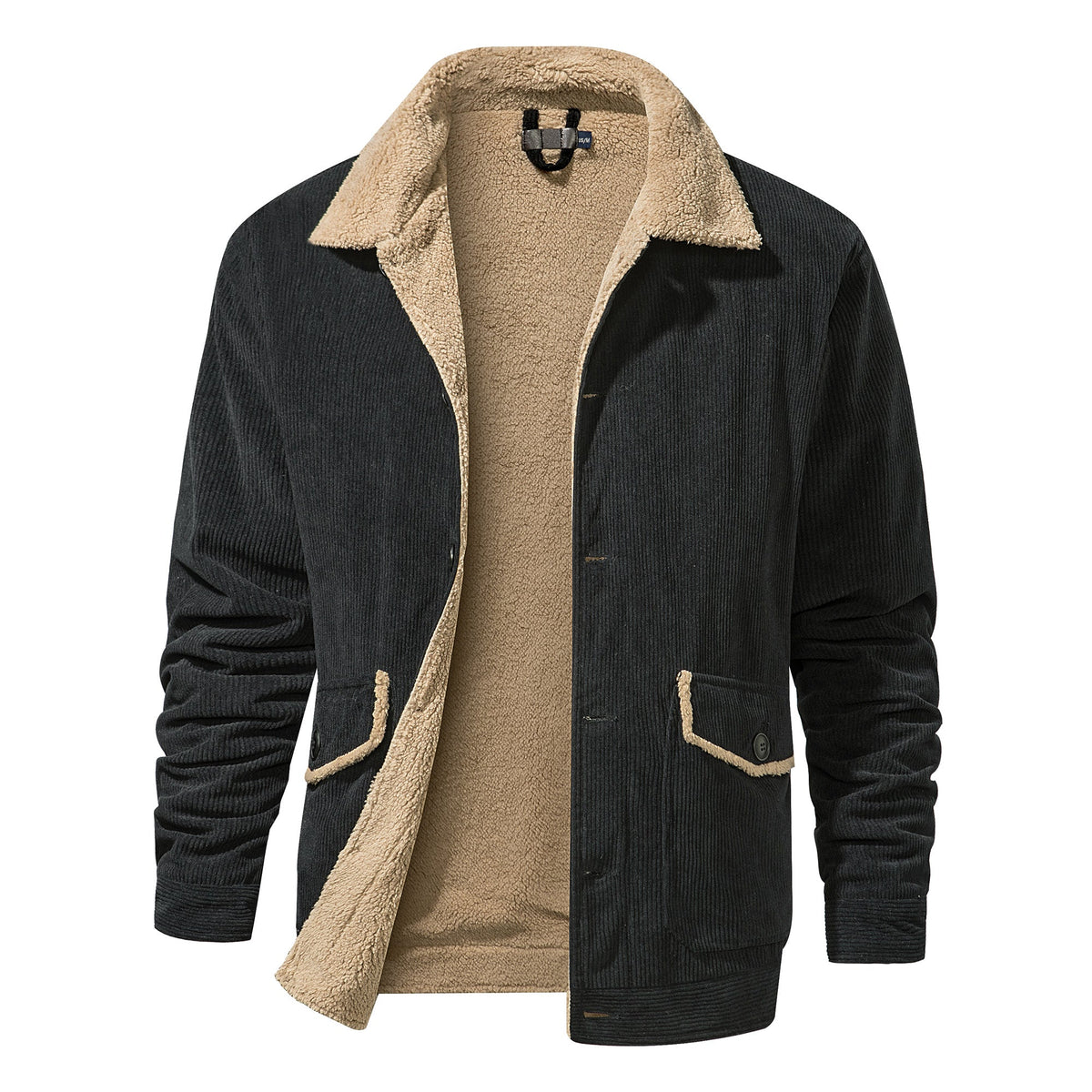 Warm Cozy Men's Jacket - Mid Length Corduroy Sherpa Black - Tophatter Daily Deals