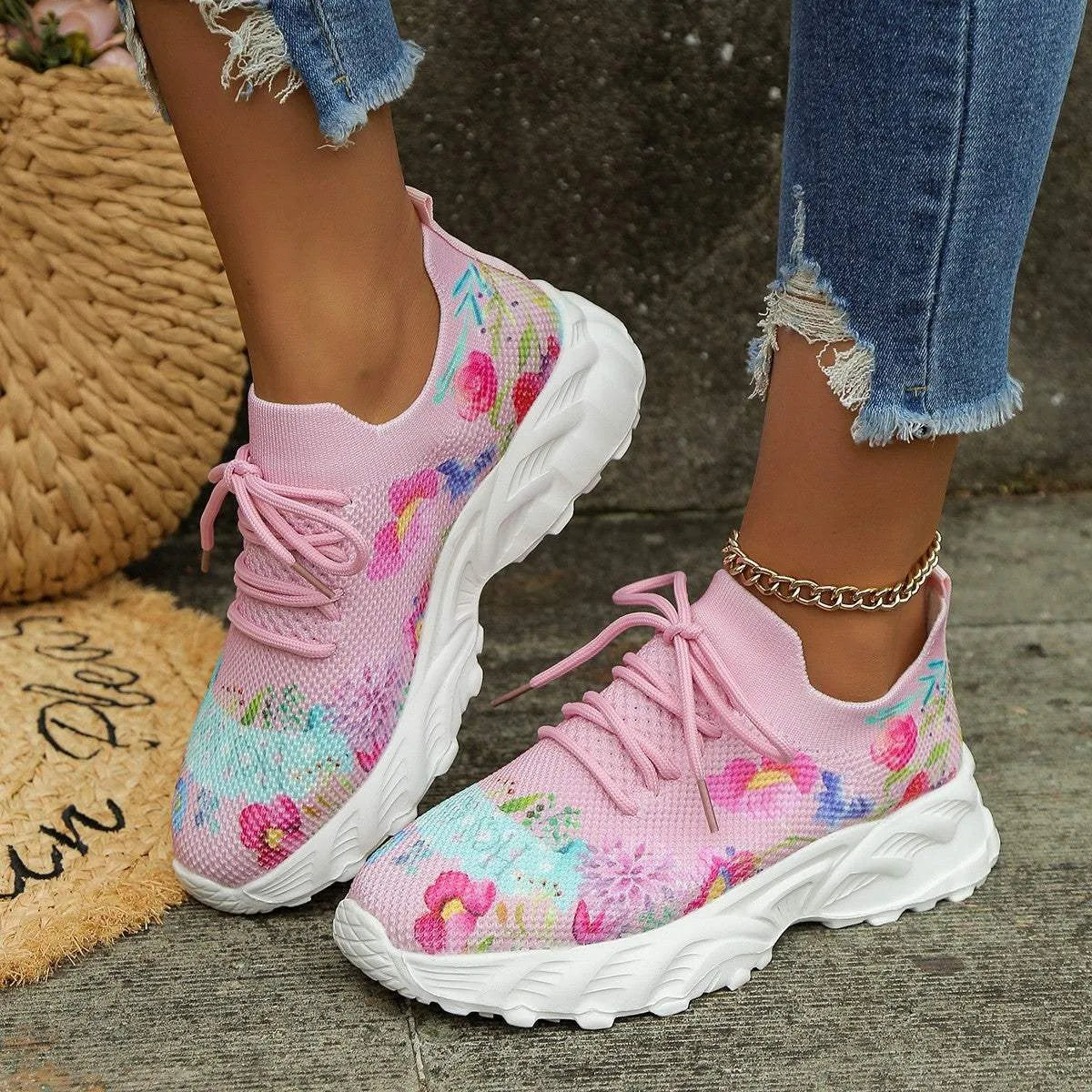 Women's Sports Shoes Flowers Print Walking Sneakers Casual Breathable Lace-up Mesh Shoes Pink Humidifier - Tophatter Daily Deals