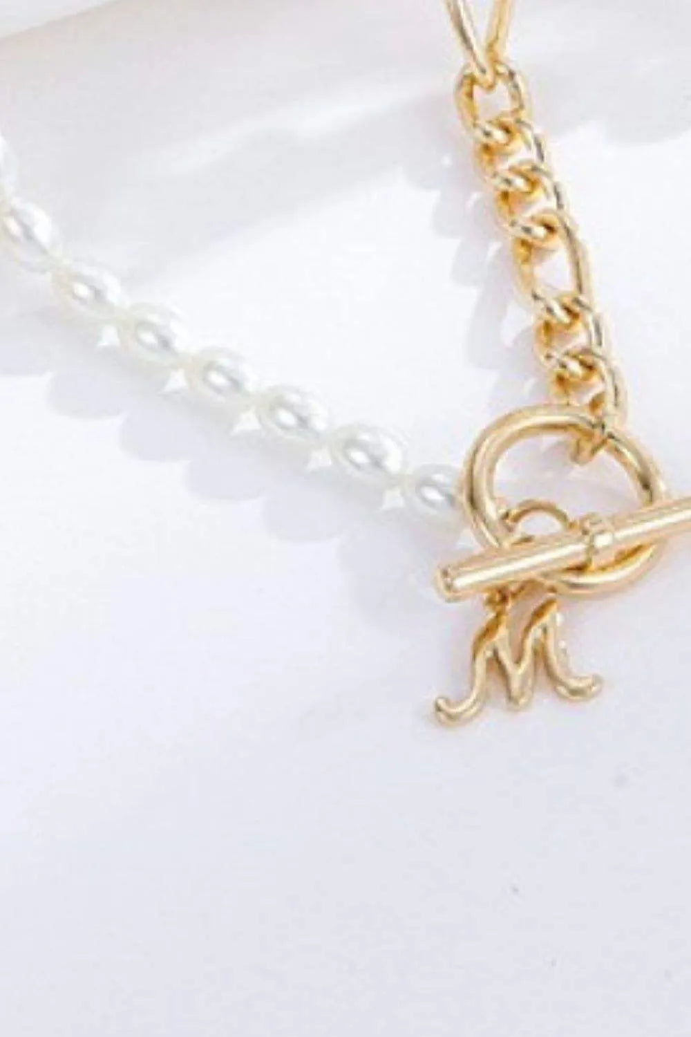 Alphabet M Pendant Half Pearl and Half Chain Necklace Necklaces - Tophatter Daily Deals