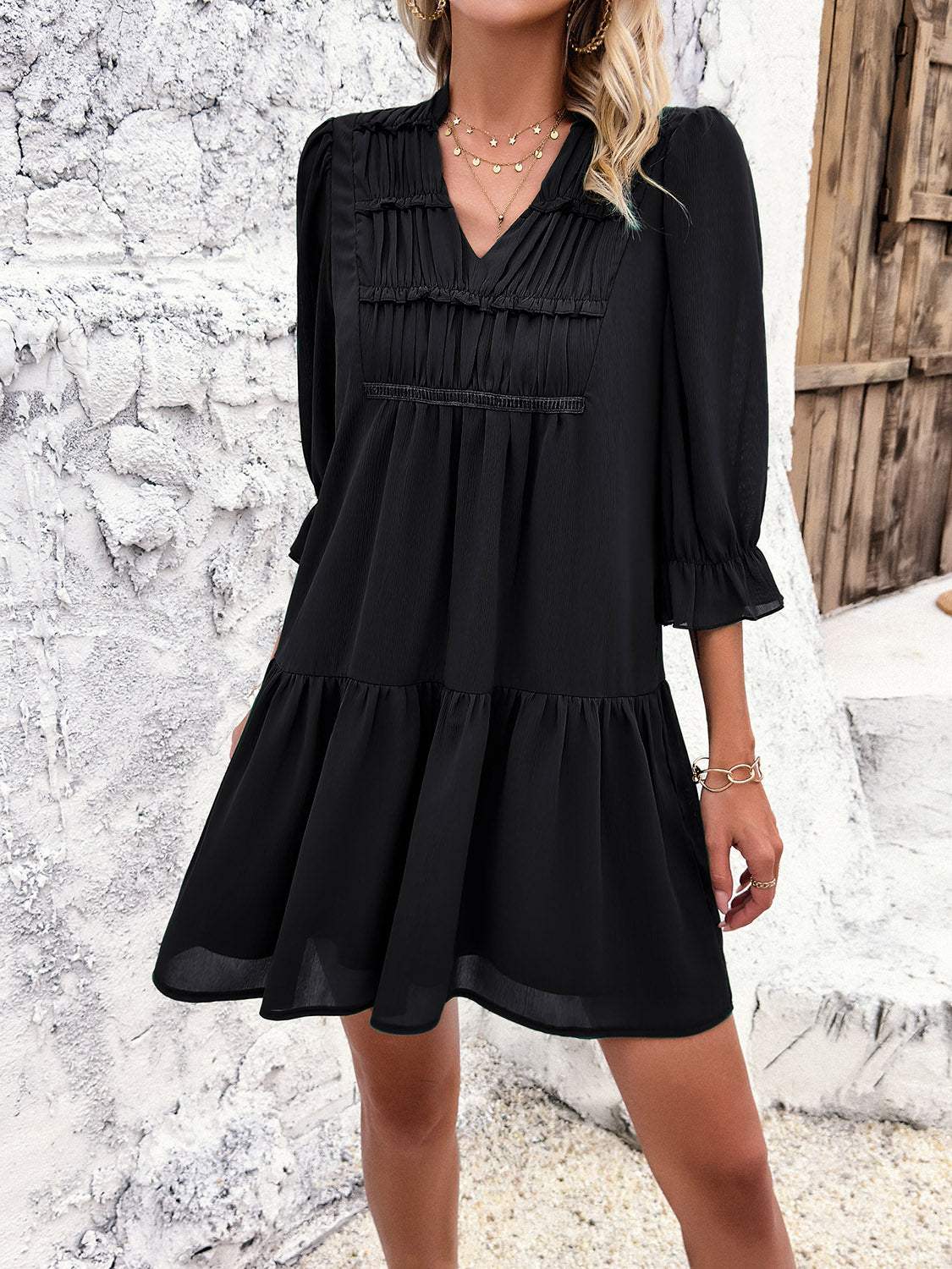 Ruched Notched Flounce Sleeve Dress Black Casual Dresses - Tophatter Daily Deals