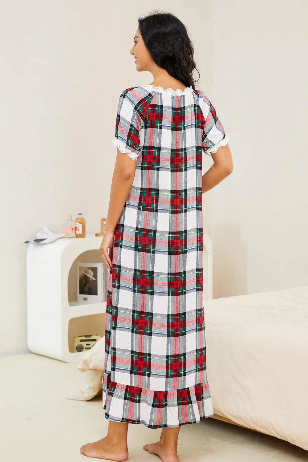 Plaid Lace Trim Ruffle Hem Night Dress Sleep Dresses - Tophatter Daily Deals