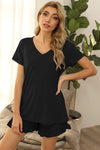 V-Neck Short Sleeve Top and Drawstring Shorts Lounge Set Black Loungewear Sets - Tophatter Daily Deals