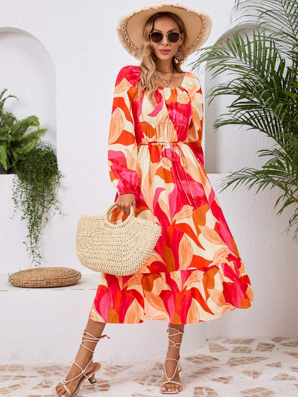 Printed Long Sleeve Midi Dress Casual Dresses - Tophatter Daily Deals