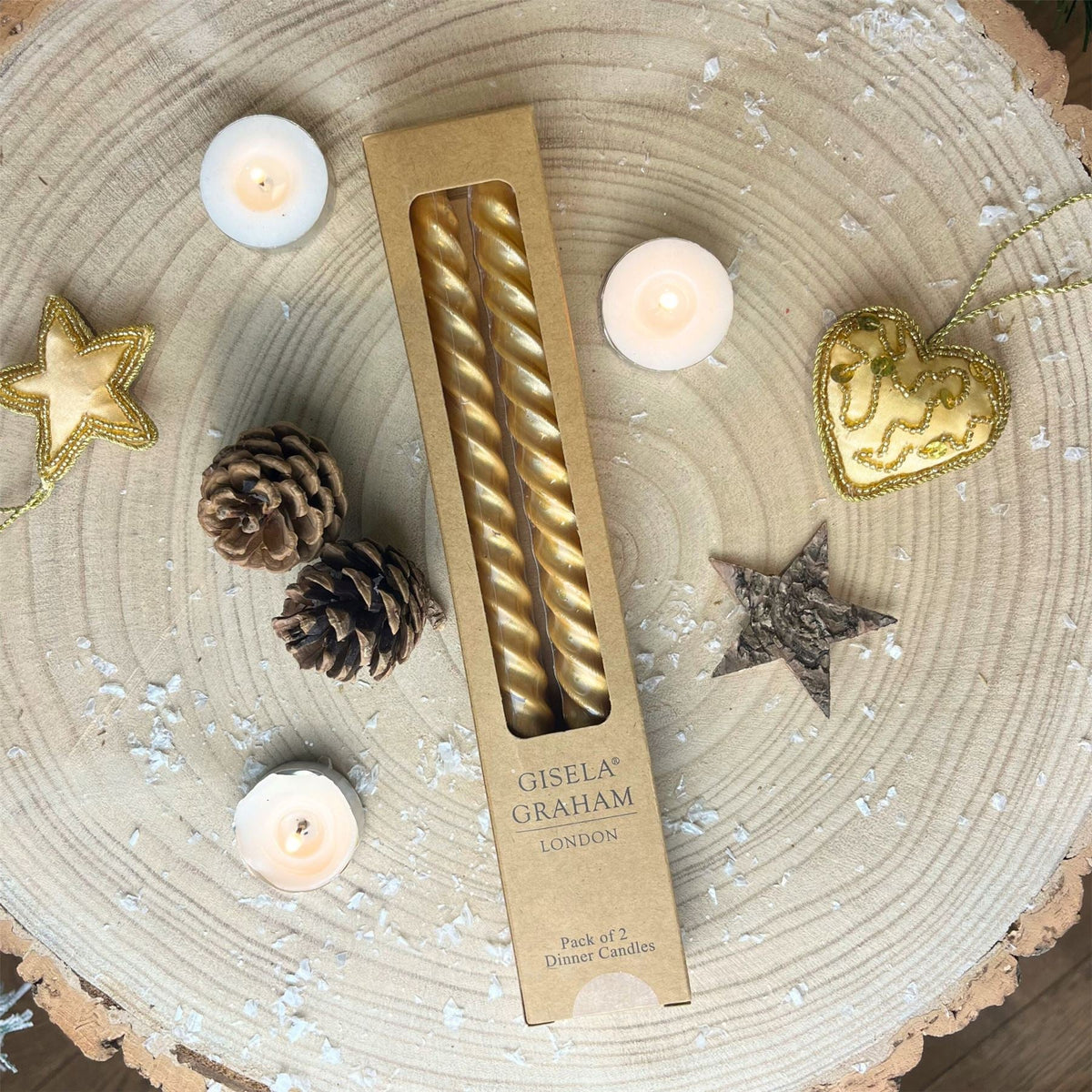Pair of Metallic Gold Twist Dinner Candles | 2 Christmas Taper Candles - 25cm Candle - Tophatter Daily Deals