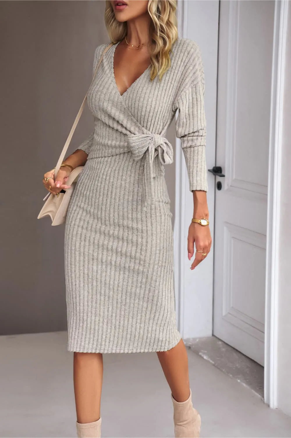 Surplice Neck Tied Ribbed Dress Casual Dresses - Tophatter Daily Deals