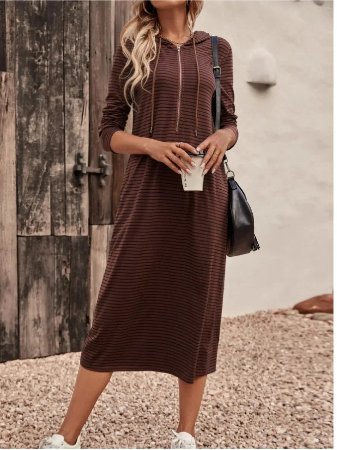 Striped Zip Front Hooded Dress Casual Dresses - Tophatter Daily Deals