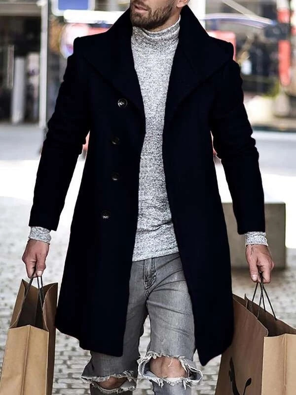 Autumn And Winter Woolen Cloth Overcoat Black 0 - Tophatter Daily Deals